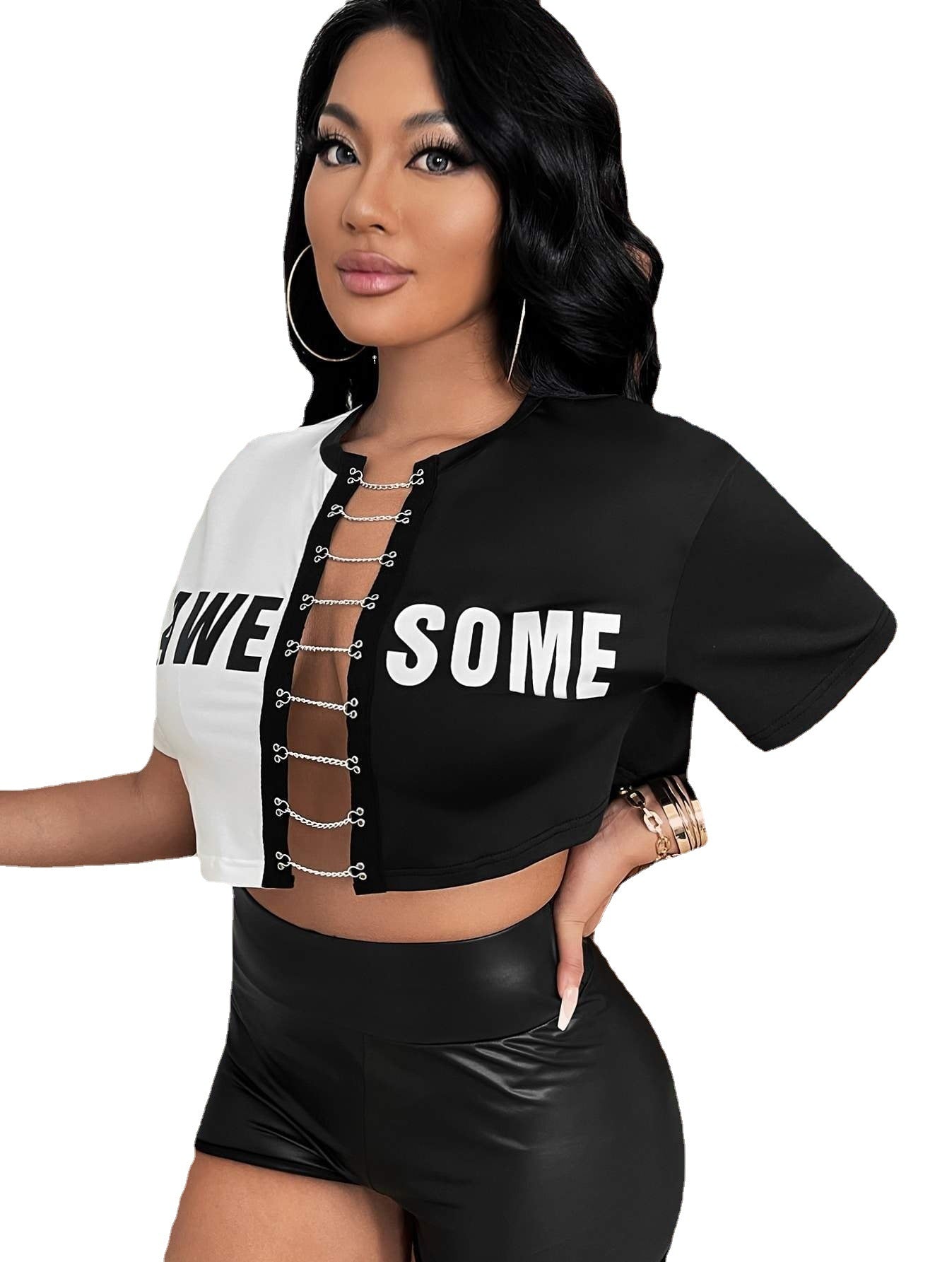 Women’s Chain Detail Letter Print Cardigan T-Shirt