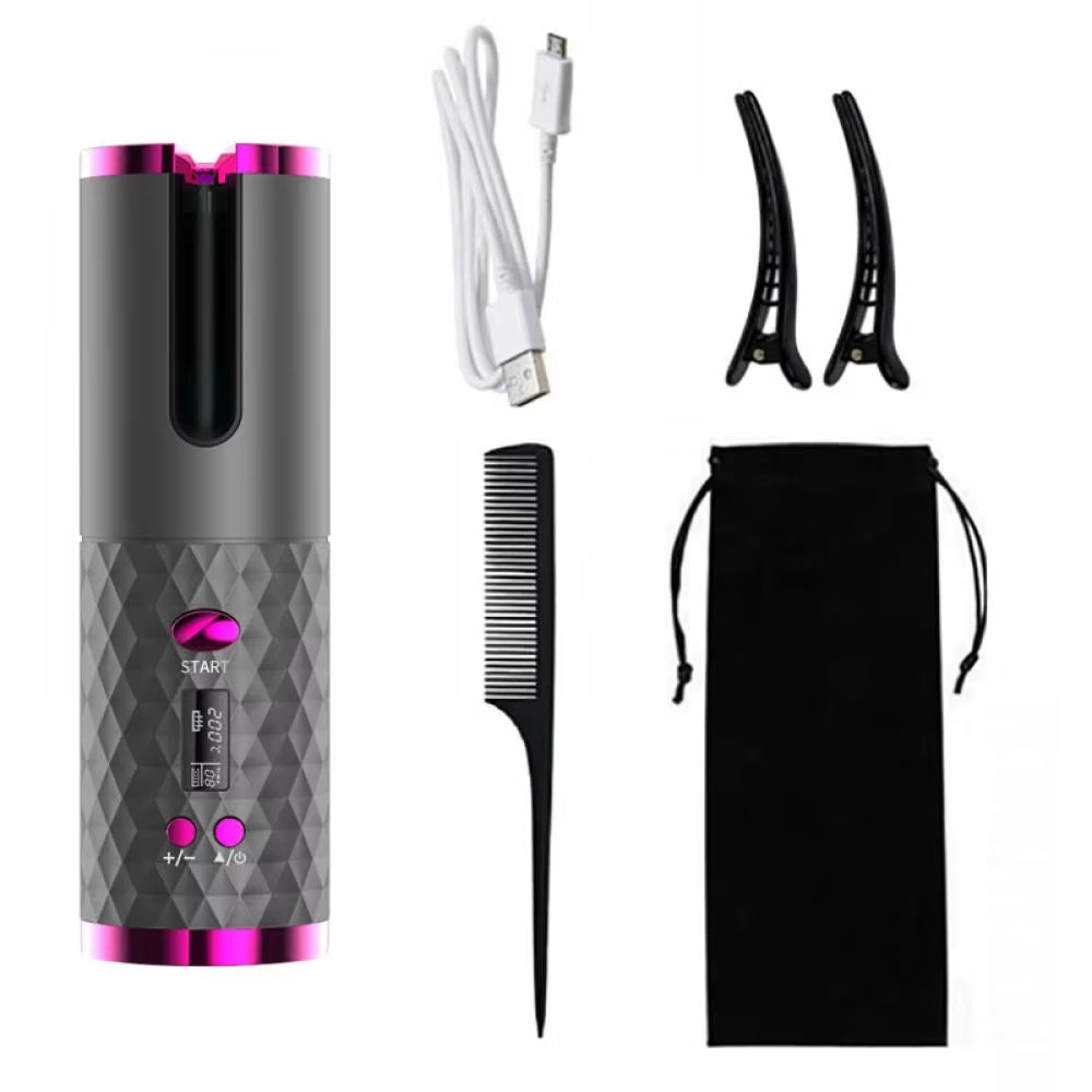 Cordless Automatic Wireless Hair Curler with Adjustable Temperature and Timing - USB Rechargeable Rotating Curling Iron