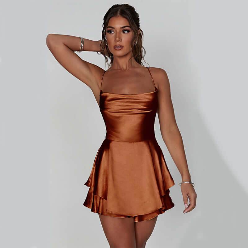 Suspender Skirt For Women Elegant Slim Strap Satin Backless Lace Up A-Line Short Dress Lady - ROYAL EQUIPS