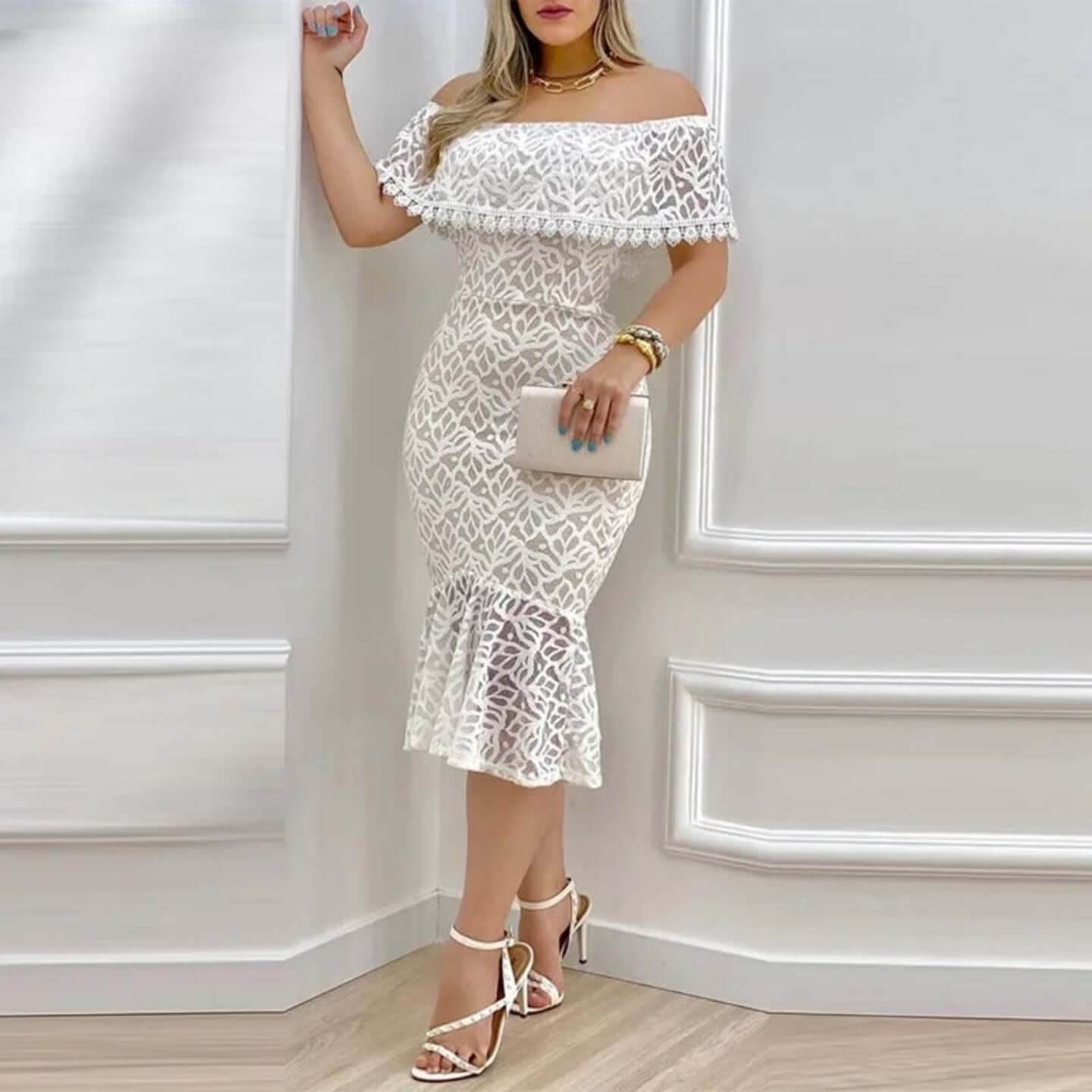 Women Solid Off-Shoulder Ruffle Hem Lace Bodycon Dress - ROYAL EQUIPS