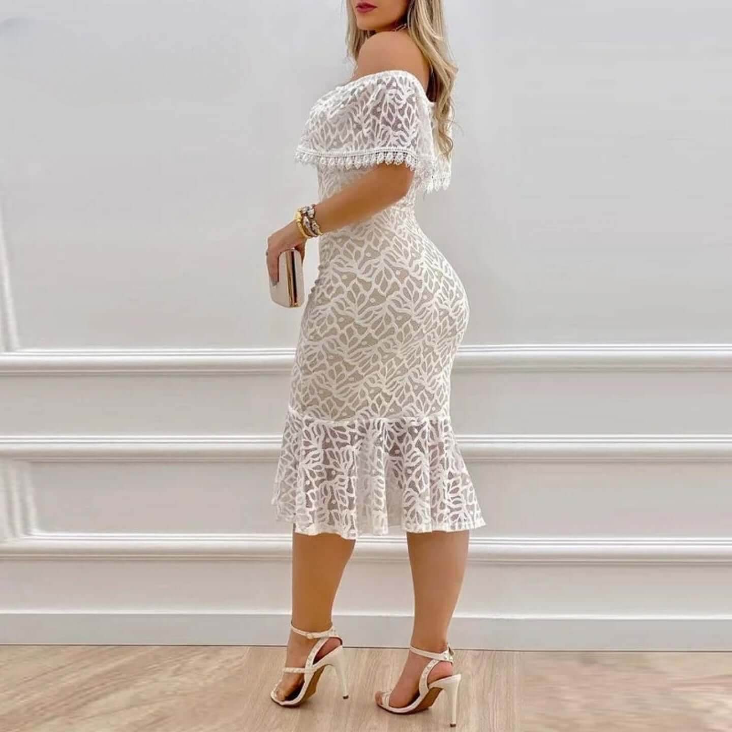 Women Solid Off-Shoulder Ruffle Hem Lace Bodycon Dress - ROYAL EQUIPS