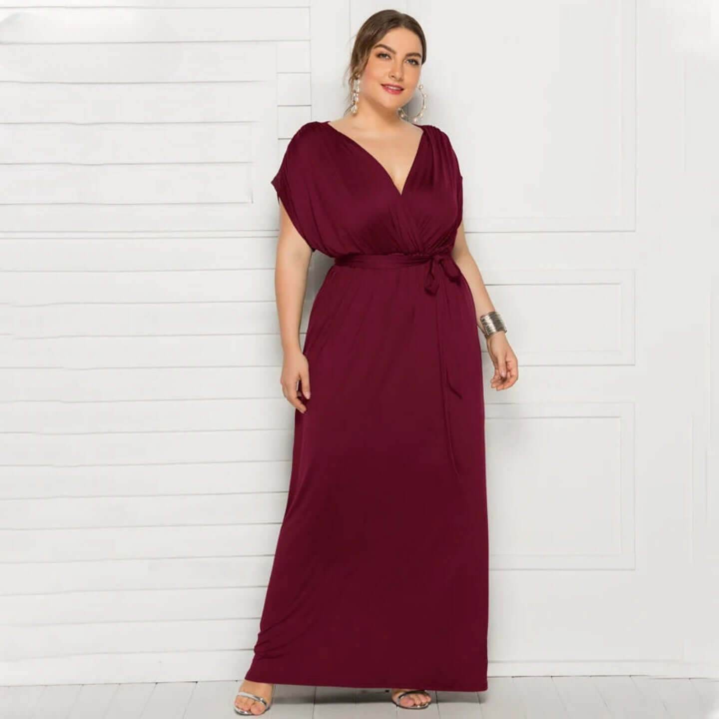 Elegant Plus Size V-Neck Evening Dress - Stretchy Party Gown in 7 Colors - ROYAL EQUIPS