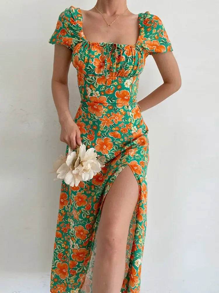 Floral Print Short Sleeve Hip Wrap Party Dress Elegant Off Shoulder Backless Waist Slit Boho Long Dress - ROYAL EQUIPS