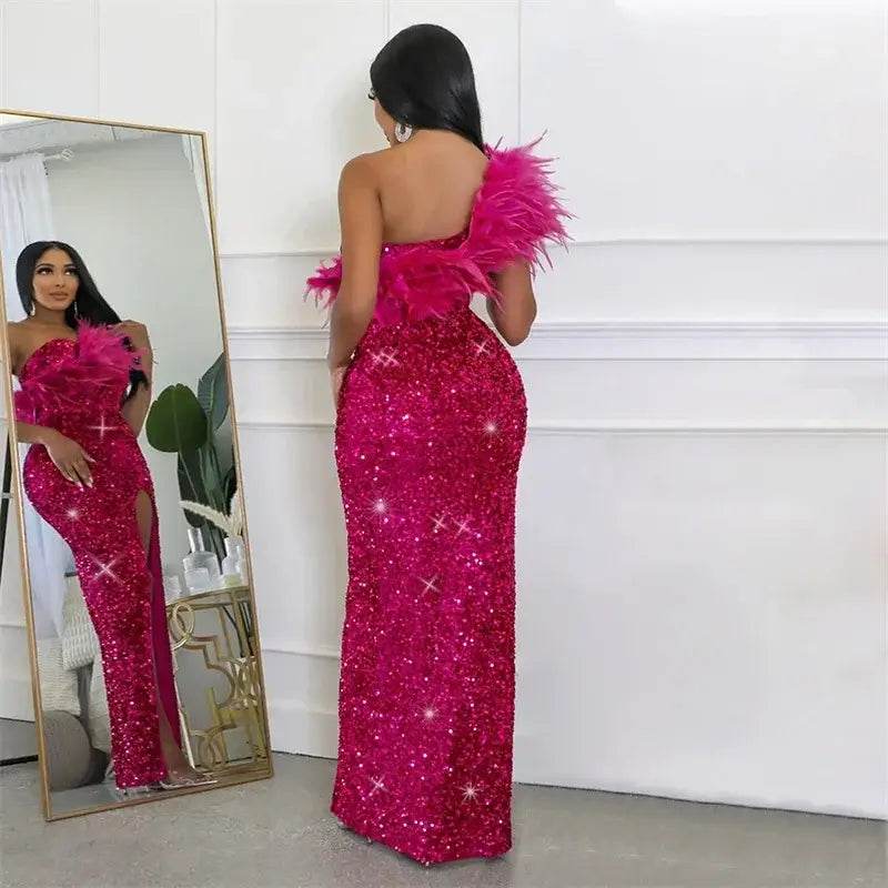 One Shoulder Elegant Glam Long Feather High Split Sequins Sparkly Gowns Dress - ROYAL EQUIPS