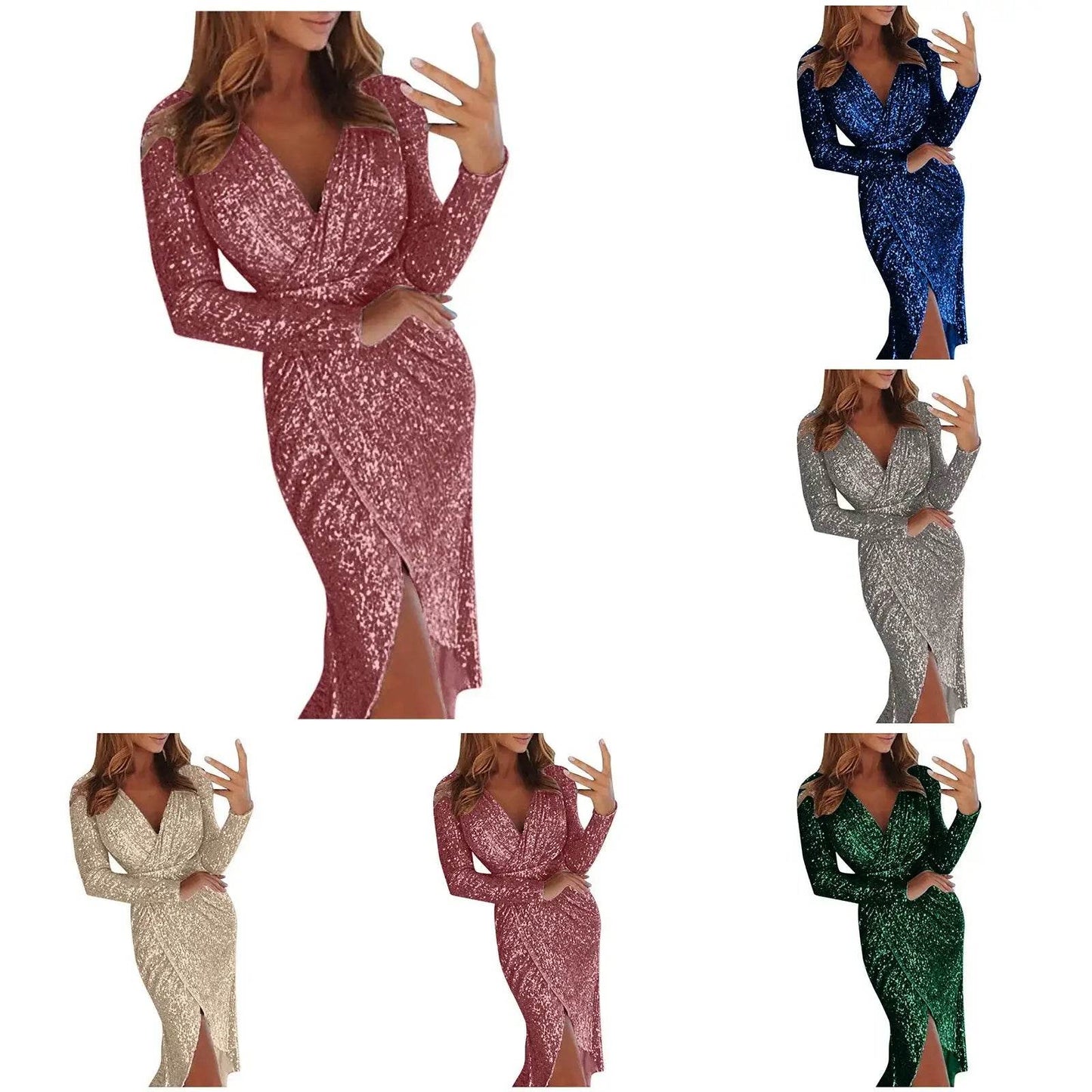 Deep V Neck Hot Stamping Wrap Hip Long Sleeve Wedding Performance Slim Dress - ROYAL EQUIPS