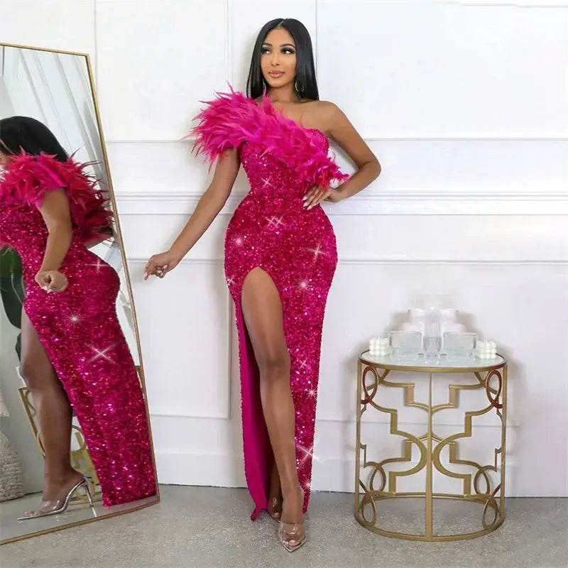One Shoulder Elegant Glam Long Feather High Split Sequins Sparkly Gowns Dress - ROYAL EQUIPS
