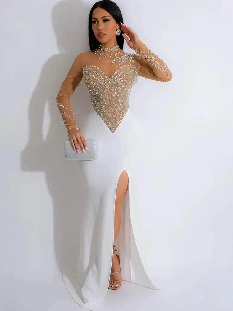 Crystal Embellished High Slit Maxi Dress Gown Glam Long Sleeve Diamonds Celebrities Outfits - ROYAL EQUIPS