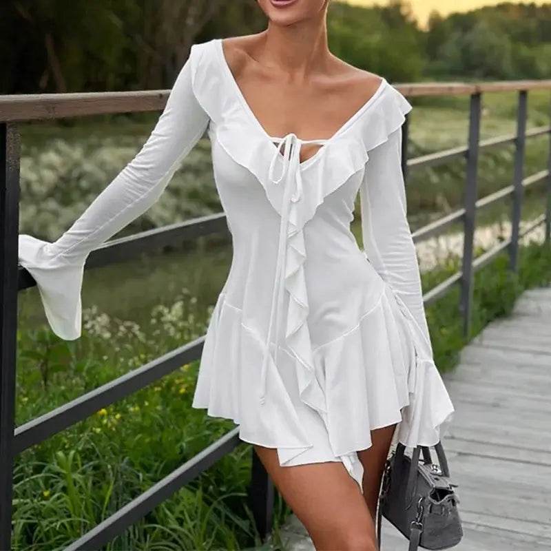 Talenza Backless Lace Up Slim Fit Mini Dress Women's Sexy Bell Sleeve Party Dress Solid Color Deep V High Waist Dress For Women - ROYAL EQUIPS