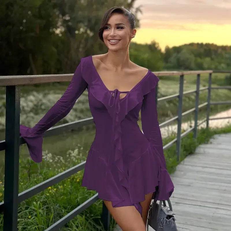 Talenza Backless Lace Up Slim Fit Mini Dress Women's Sexy Bell Sleeve Party Dress Solid Color Deep V High Waist Dress For Women - ROYAL EQUIPS