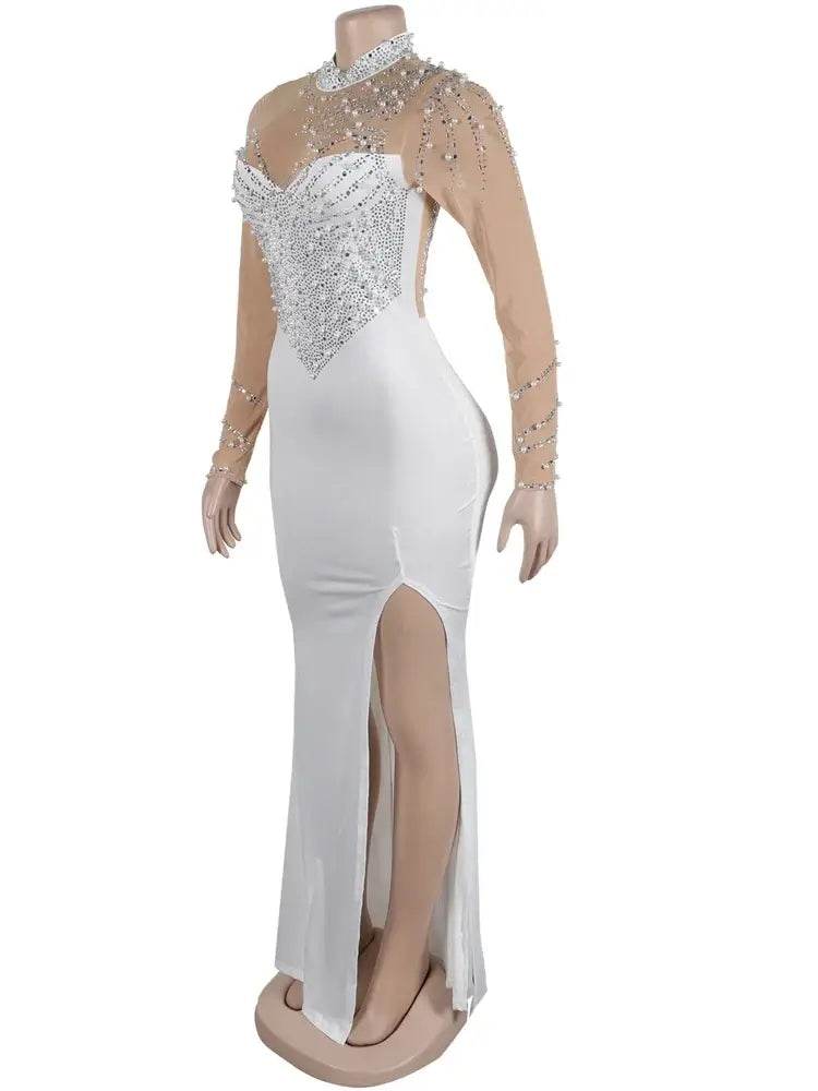 Crystal Embellished High Slit Maxi Dress Gown Glam Long Sleeve Diamonds Celebrities Outfits - ROYAL EQUIPS