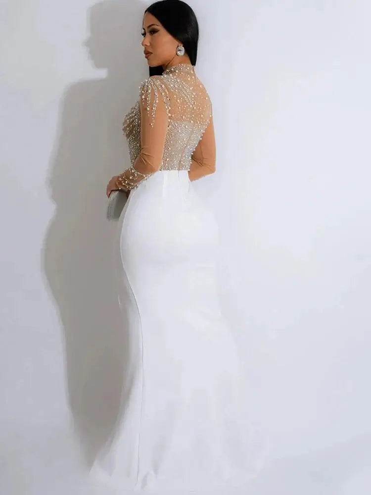 Crystal Embellished High Slit Maxi Dress Gown Glam Long Sleeve Diamonds Celebrities Outfits - ROYAL EQUIPS