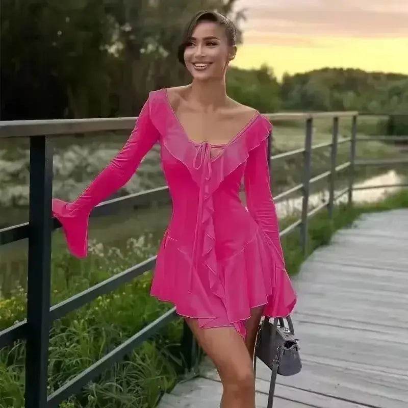 Talenza Backless Lace Up Slim Fit Mini Dress Women's Sexy Bell Sleeve Party Dress Solid Color Deep V High Waist Dress For Women - ROYAL EQUIPS