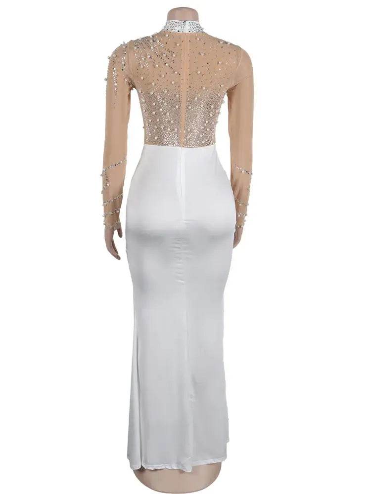 Crystal Embellished High Slit Maxi Dress Gown Glam Long Sleeve Diamonds Celebrities Outfits - ROYAL EQUIPS