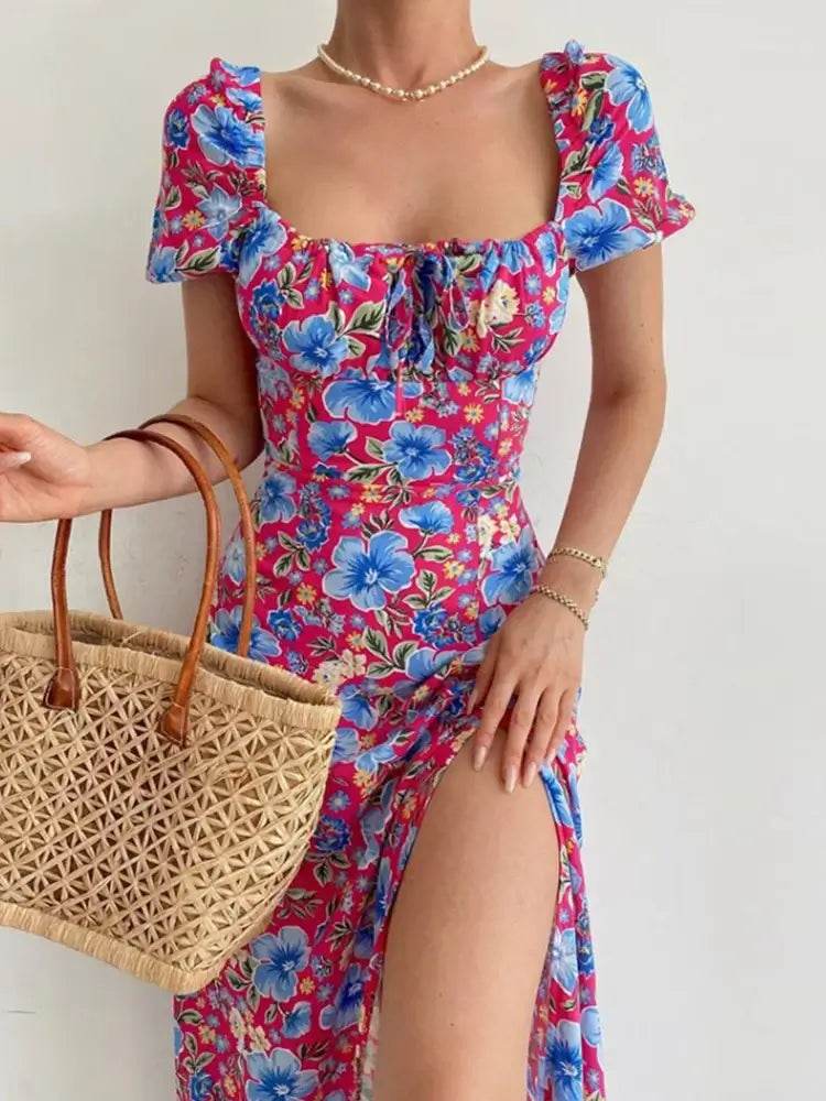 Floral Print Short Sleeve Hip Wrap Party Dress Elegant Off Shoulder Backless Waist Slit Boho Long Dress - ROYAL EQUIPS
