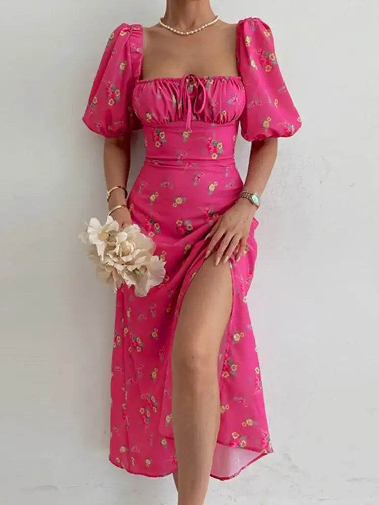 Floral Print Short Sleeve Hip Wrap Party Dress Elegant Off Shoulder Backless Waist Slit Boho Long Dress - ROYAL EQUIPS