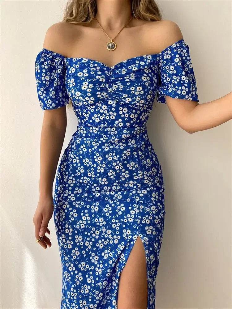 Floral Print Short Sleeve Hip Wrap Party Dress Elegant Off Shoulder Backless Waist Slit Boho Long Dress - ROYAL EQUIPS