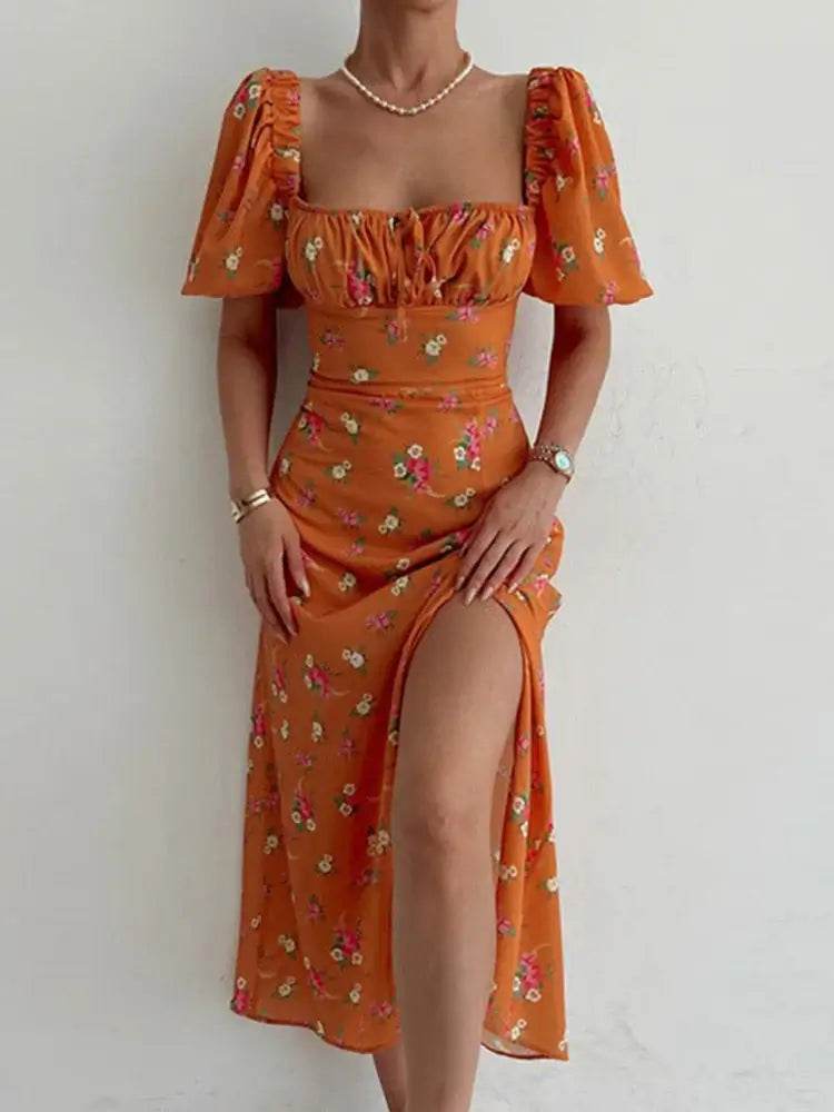 Floral Print Short Sleeve Hip Wrap Party Dress Elegant Off Shoulder Backless Waist Slit Boho Long Dress - ROYAL EQUIPS