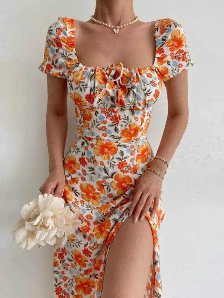 Floral Print Short Sleeve Hip Wrap Party Dress Elegant Off Shoulder Backless Waist Slit Boho Long Dress - ROYAL EQUIPS