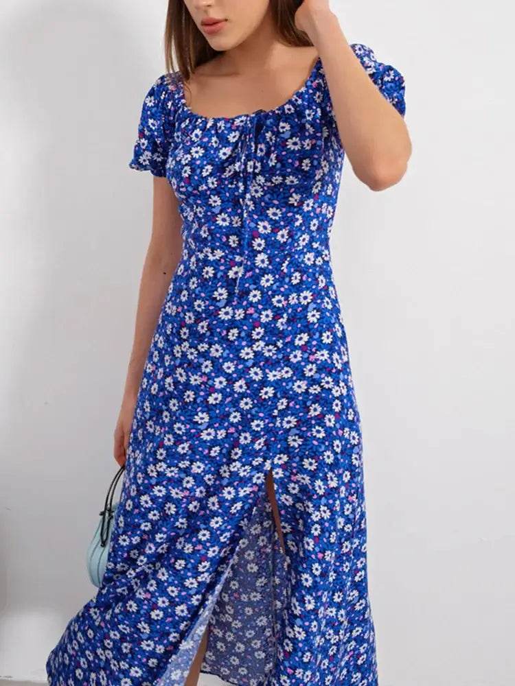 Floral Print Short Sleeve Hip Wrap Party Dress Elegant Off Shoulder Backless Waist Slit Boho Long Dress - ROYAL EQUIPS