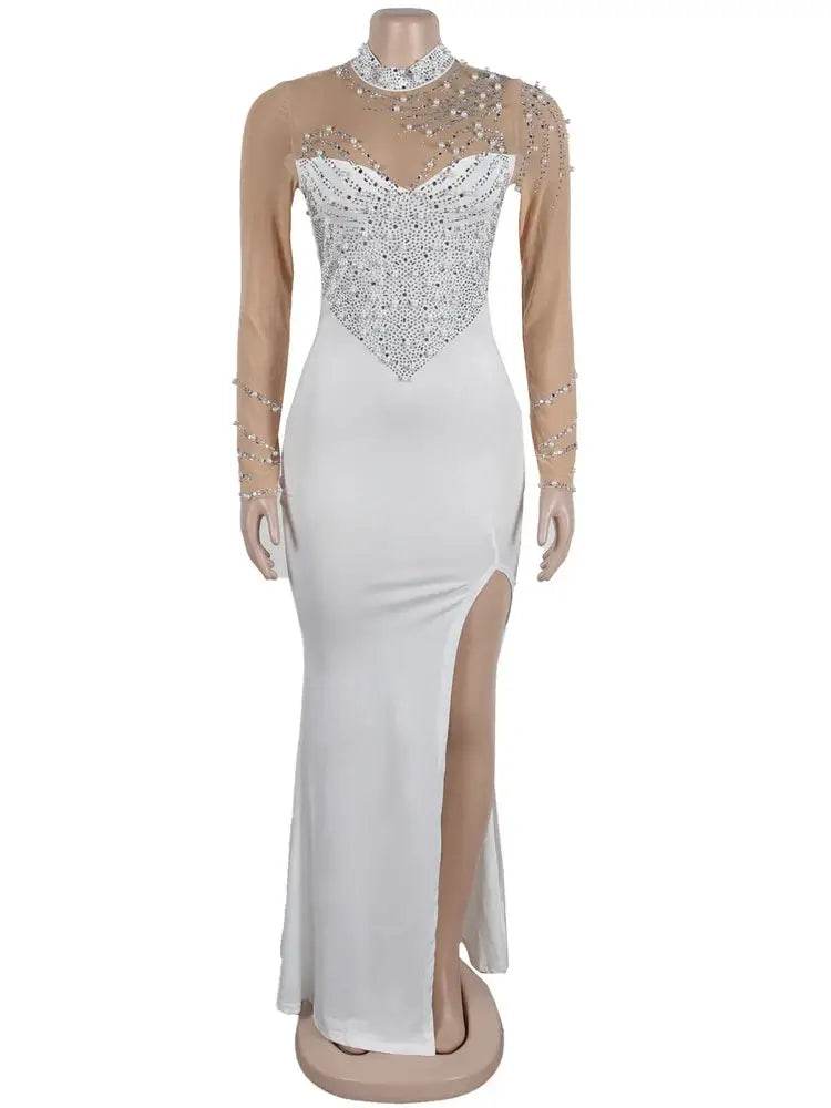 Crystal Embellished High Slit Maxi Dress Gown Glam Long Sleeve Diamonds Celebrities Outfits - ROYAL EQUIPS
