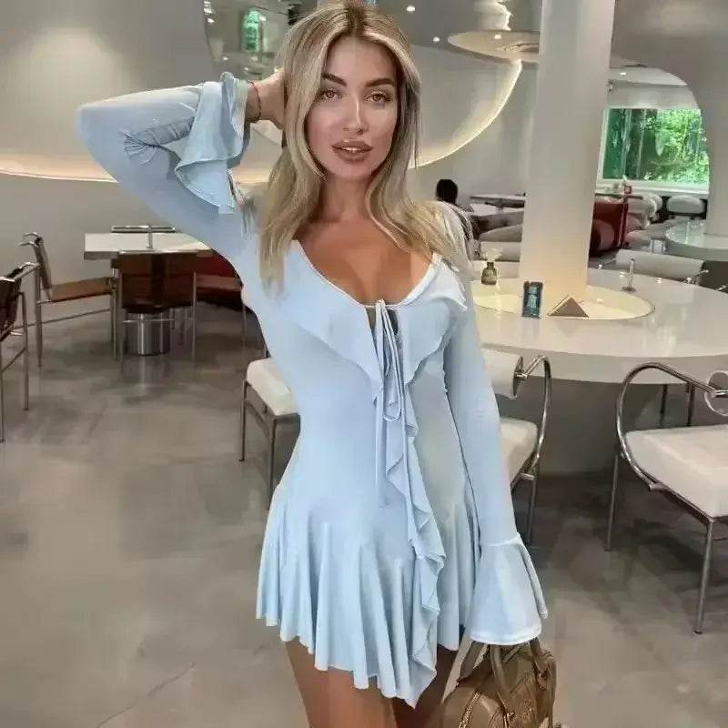 Talenza Backless Lace Up Slim Fit Mini Dress Women's Sexy Bell Sleeve Party Dress Solid Color Deep V High Waist Dress For Women - ROYAL EQUIPS