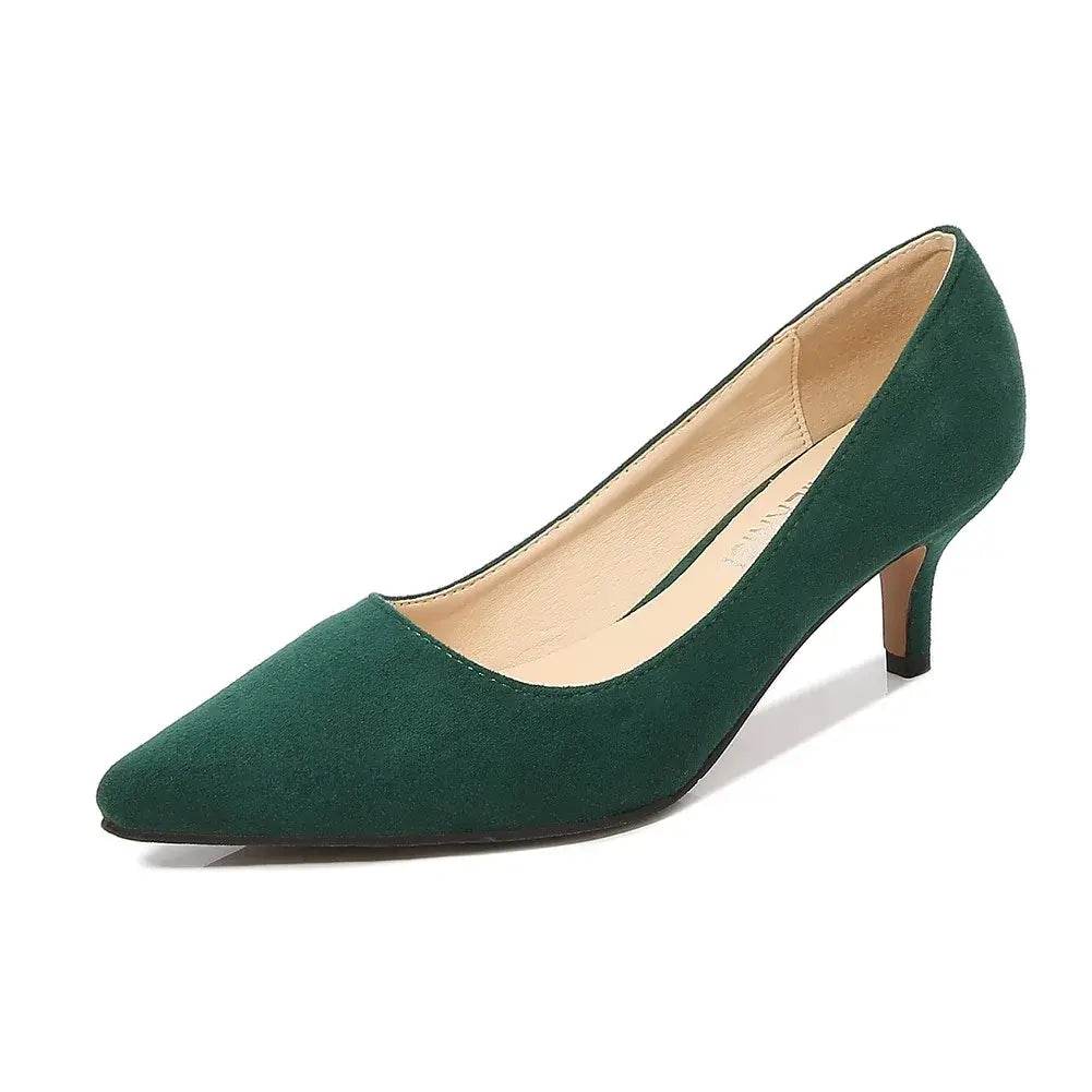 Low Heel Pumps Lady Pointed Toe Kitten Heels Female Green Flock Red - ROYAL EQUIPS