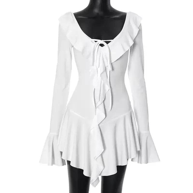 Talenza Backless Lace Up Slim Fit Mini Dress Women's Sexy Bell Sleeve Party Dress Solid Color Deep V High Waist Dress For Women - ROYAL EQUIPS