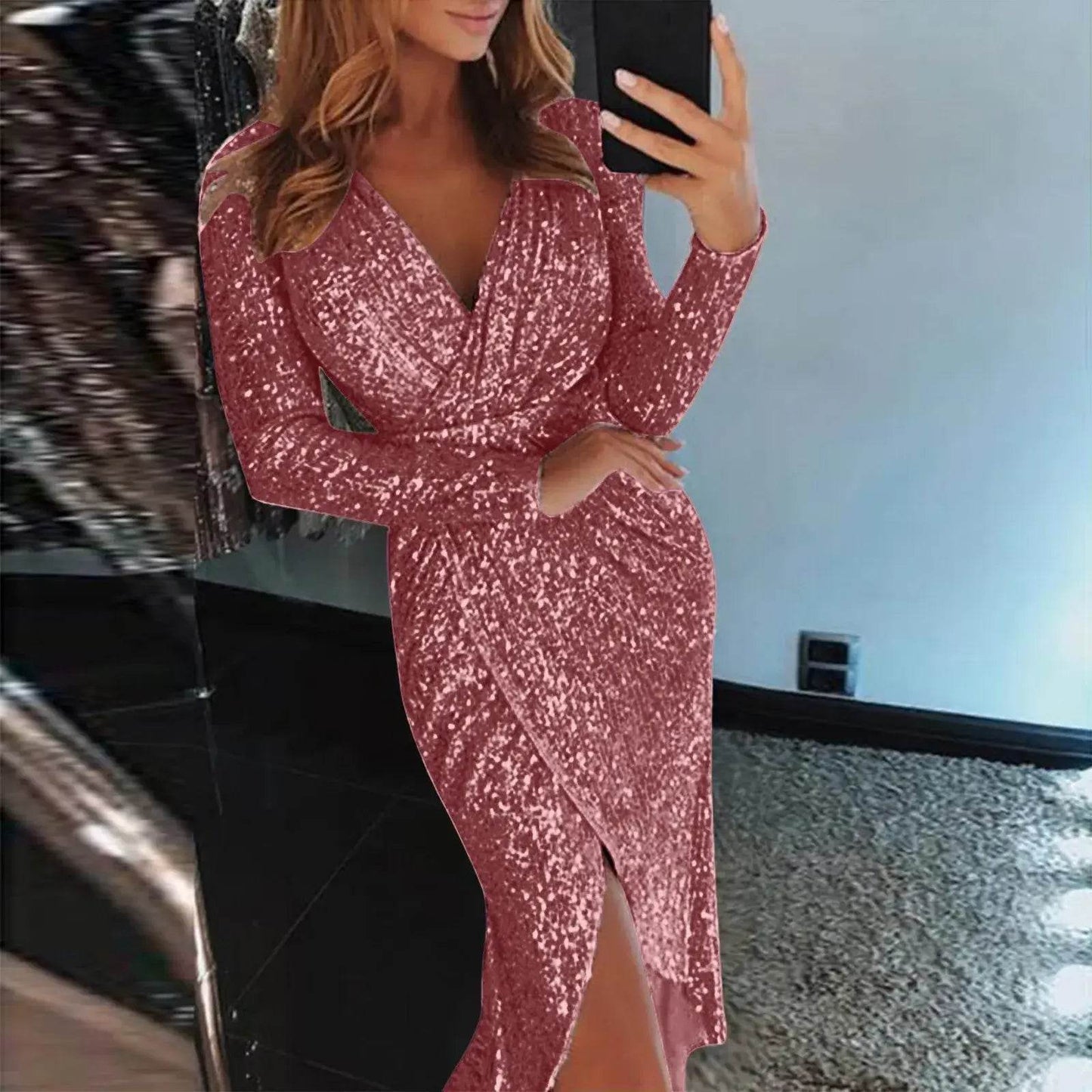 Deep V Neck Hot Stamping Wrap Hip Long Sleeve Wedding Performance Slim Dress - ROYAL EQUIPS