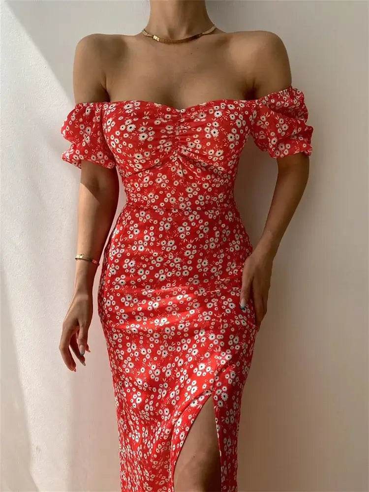Floral Print Short Sleeve Hip Wrap Party Dress Elegant Off Shoulder Backless Waist Slit Boho Long Dress - ROYAL EQUIPS