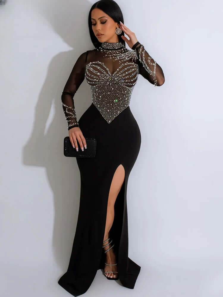 Crystal Embellished High Slit Maxi Dress Gown Glam Long Sleeve Diamonds Celebrities Outfits - ROYAL EQUIPS