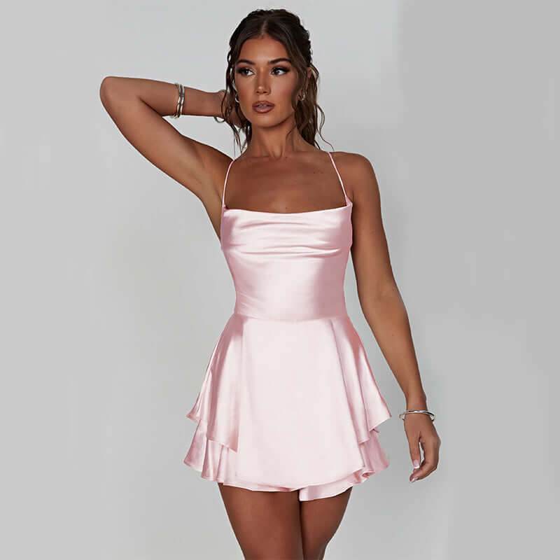 Suspender Skirt For Women Elegant Slim Strap Satin Backless Lace Up A-Line Short Dress Lady - ROYAL EQUIPS