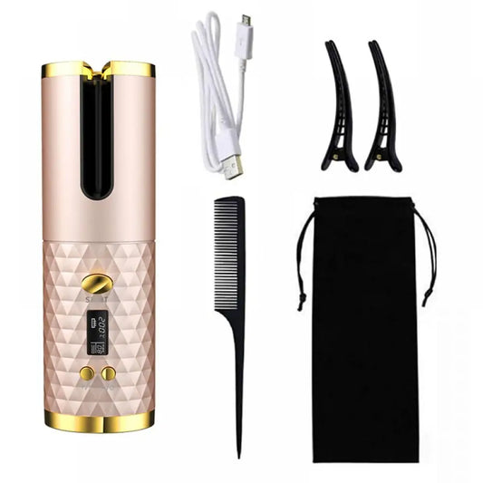 Cordless Automatic Wireless Hair Curler with Adjustable Temperature and Timing - USB Rechargeable Rotating Curling Iron