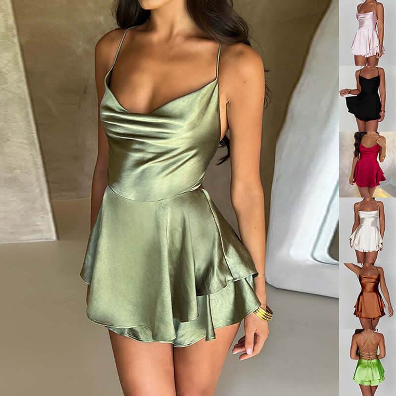 Suspender Skirt For Women Elegant Slim Strap Satin Backless Lace Up A-Line Short Dress Lady - ROYAL EQUIPS