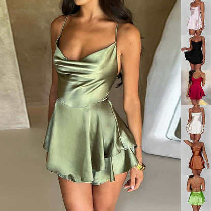 Suspender Skirt For Women Elegant Slim Strap Satin Backless Lace Up A-Line Short Dress Lady - ROYAL EQUIPS