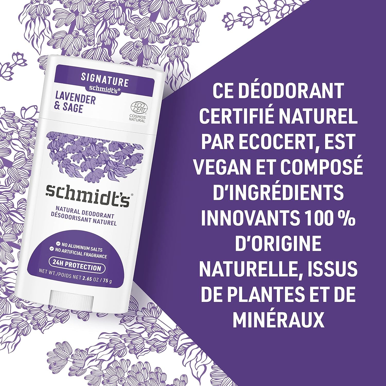 Lavender & Sage Deodorant Stick - 24-Hour Aluminium-Free Protection for All Day Freshness, 75g