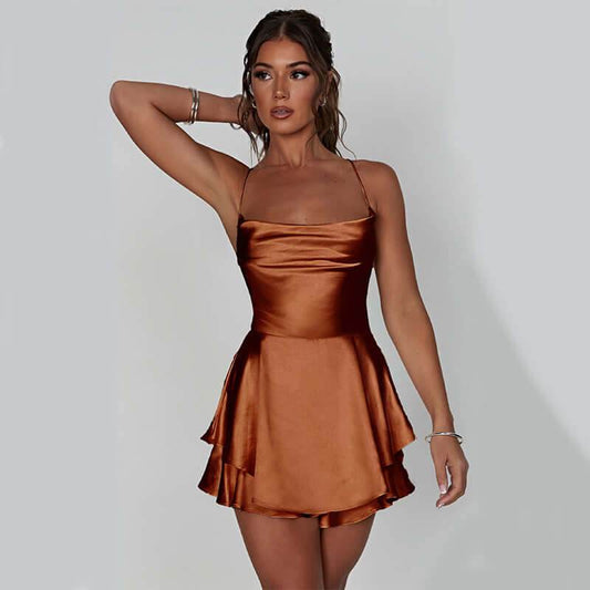 Suspender Skirt For Women Elegant Slim Strap Satin Backless Lace Up A-Line Short Dress Lady - ROYAL EQUIPS