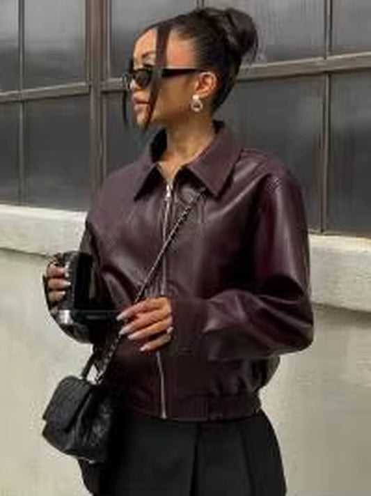 Chic Women's Vintage Red Wine Leather Short Jacket with Belt and Turndown Collar for Effortless Autumn Style