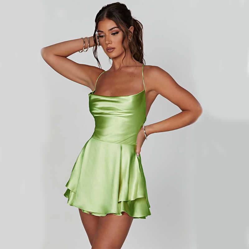 Suspender Skirt For Women Elegant Slim Strap Satin Backless Lace Up A-Line Short Dress Lady - ROYAL EQUIPS