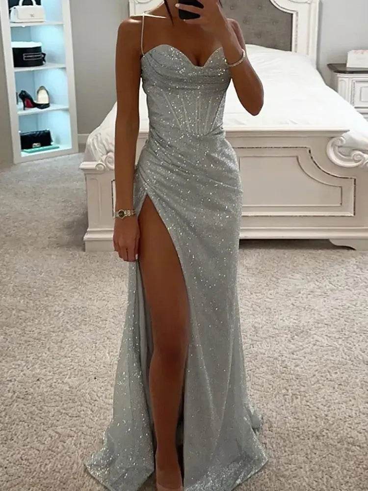 Slit Patchwork Elegant V Neck Maxi Casual Off Shoulder Floor-Length Dress - ROYAL EQUIPS