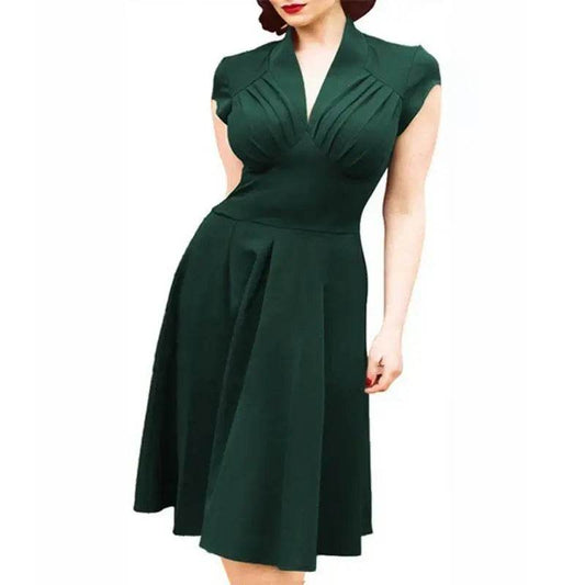 Solid Tea Women Retro V Neck Vintage Dress 50s 60s - ROYAL EQUIPS