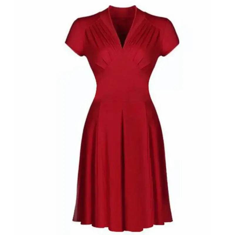 Solid Tea Women Retro V Neck Vintage Dress 50s 60s - ROYAL EQUIPS