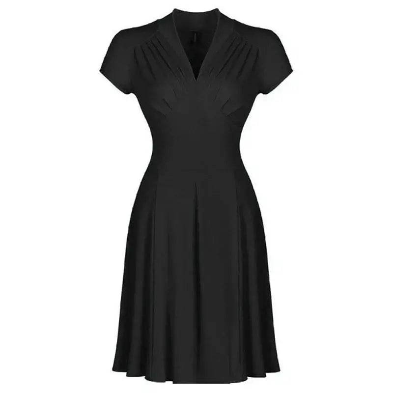 Solid Tea Women Retro V Neck Vintage Dress 50s 60s - ROYAL EQUIPS