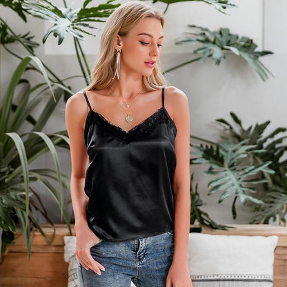 Women Sexy Solid Lace Satin Elegant V-neck Cami