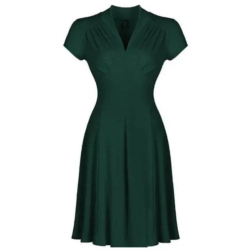 Solid Tea Women Retro V Neck Vintage Dress 50s 60s - ROYAL EQUIPS