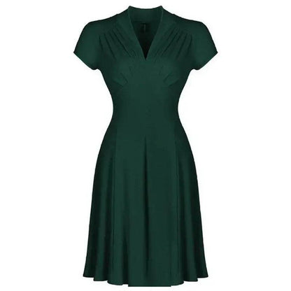 Solid Tea Women Retro V Neck Vintage Dress 50s 60s - ROYAL EQUIPS