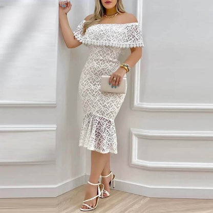 Women Solid Off-Shoulder Ruffle Hem Lace Bodycon Dress - ROYAL EQUIPS