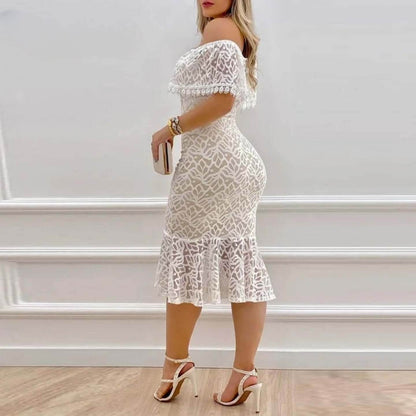 Women Solid Off-Shoulder Ruffle Hem Lace Bodycon Dress - ROYAL EQUIPS