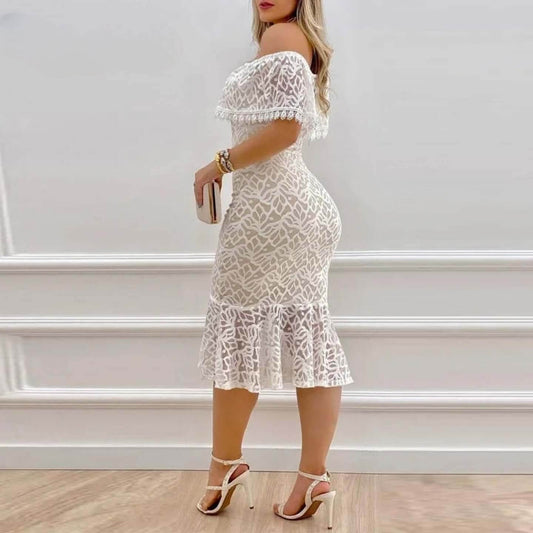 Women Solid Off-Shoulder Ruffle Hem Lace Bodycon Dress - ROYAL EQUIPS