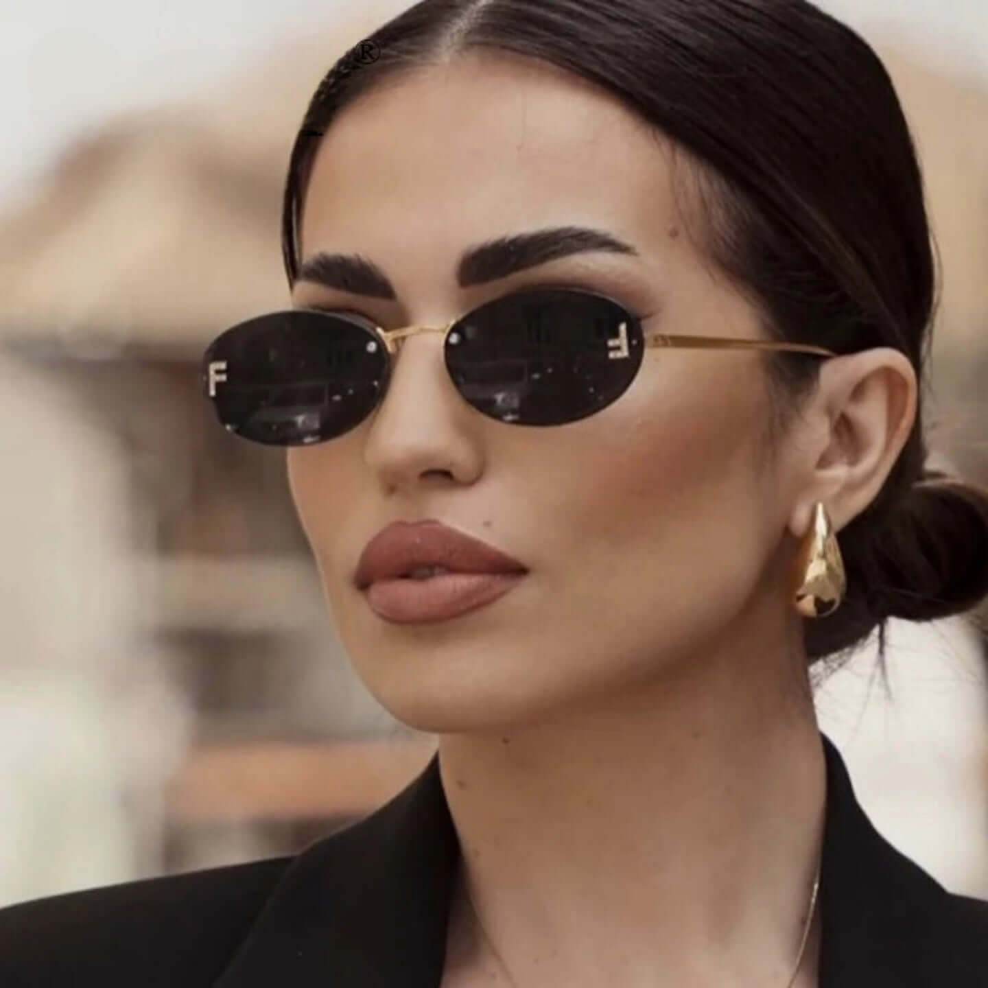 SlRimless Retro Oval Sunglasses Cat Eye Sun Glasses Frameless F Letter Sunglass Shade Driving Eyewear - ROYAL EQUIPS
