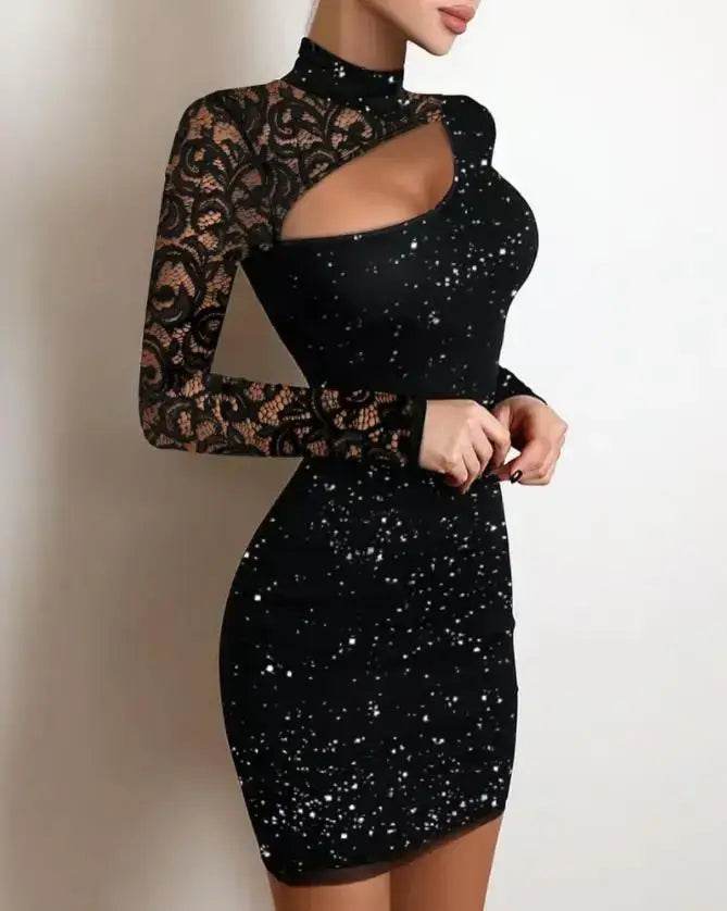 Elegant Summer Glitter Contrast Lace Cutout Plain Mock Neck Long Sleeve Party Dress - ROYAL EQUIPS